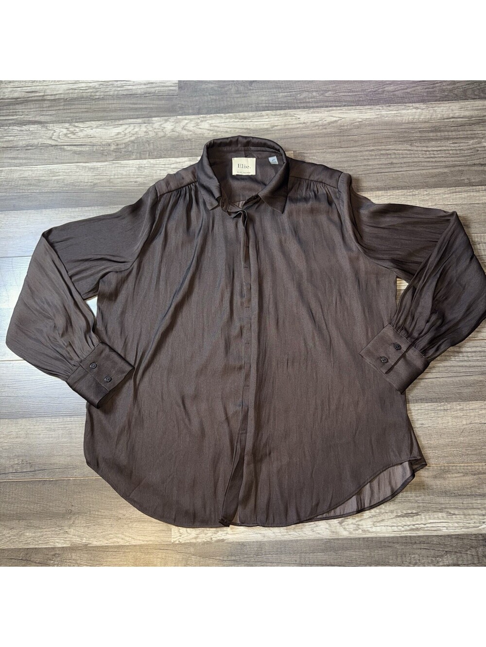 Elie Tahari Elie Women’s Brown Button Front Blouse Size M Long Sleeve Polyester